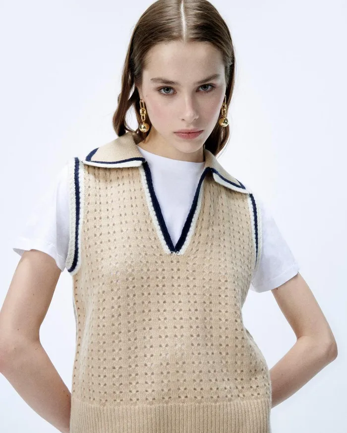 Women Sleeveless Sweaters From Future Polo Neck Sleeveless Sweater Beige