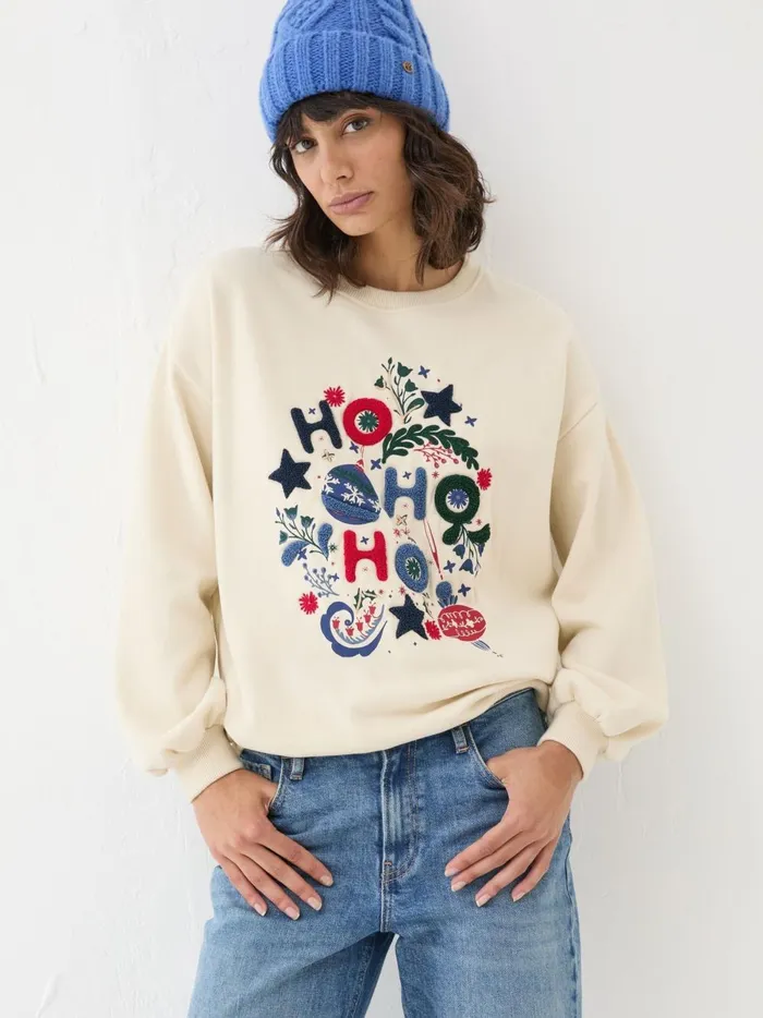 Women Sweatshirts and Hoodies Fat Face Ivory Christmas Graphic Crew Sweat Top