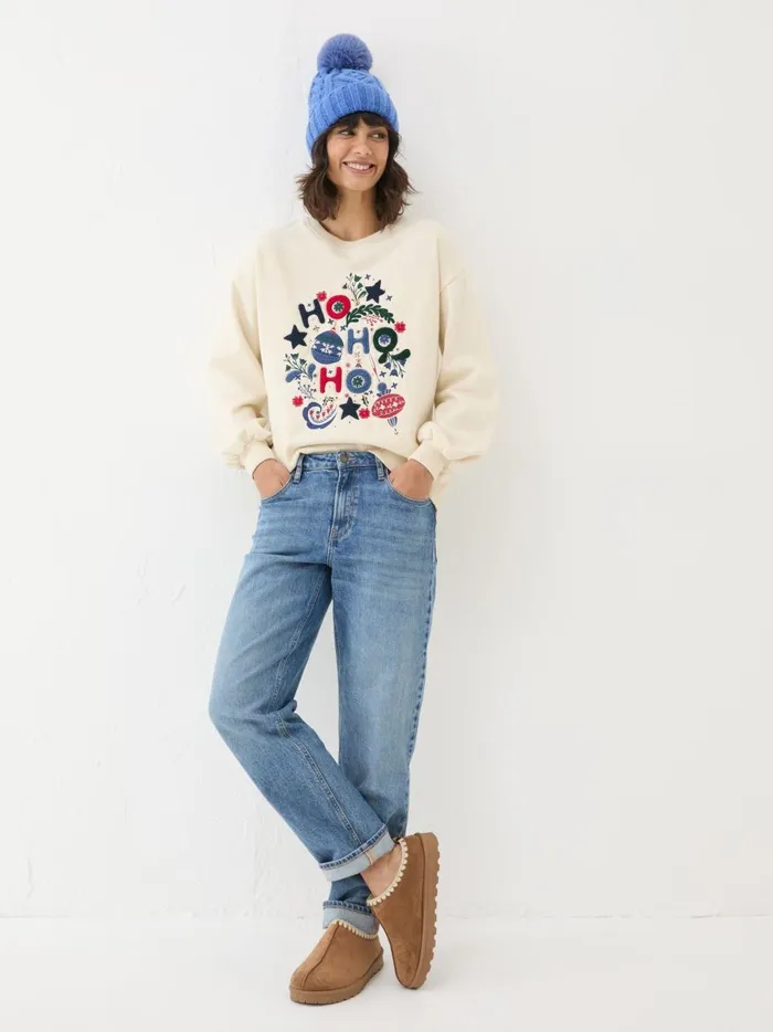 Women Sweatshirts and Hoodies Fat Face Ivory Christmas Graphic Crew Sweat Top