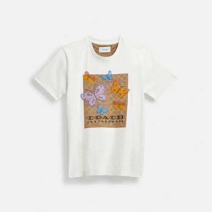 Women Tops Coach Signature Square Cross Stitch Motif T Shirt Whitetan Multi