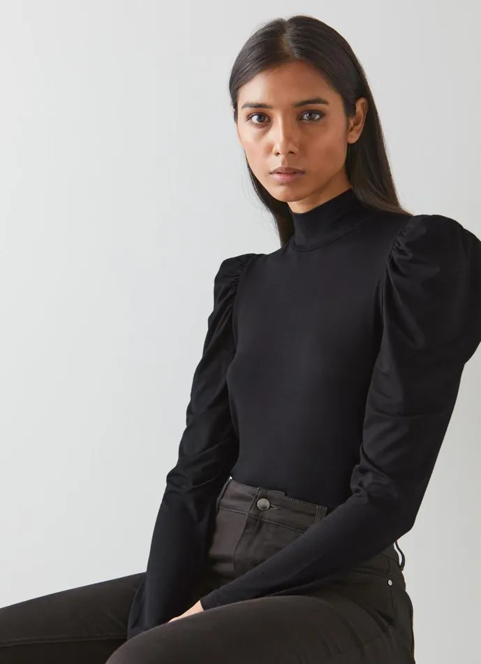 Women Tops LKBennett Cora Black Jersey Puff Sleeve Turtle Neck Top Black