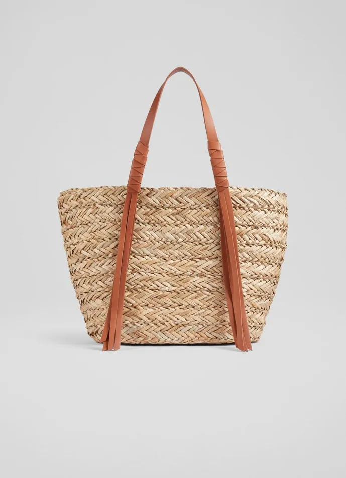 Women Tote Bags LKBennett Violetta Tan Leather Tassel Straw Bag Women Tote Bags LKBennett Violetta Tan Leather Tassel Straw Bag